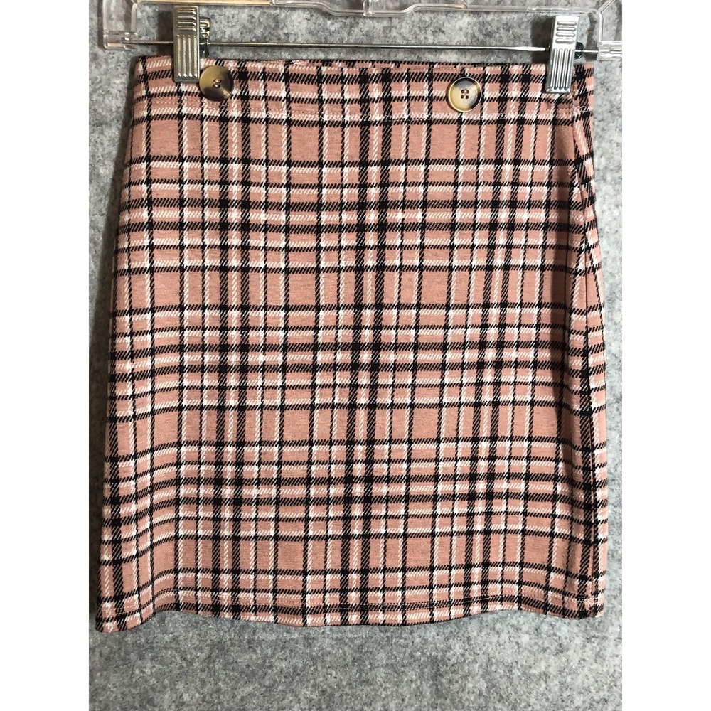 Hollister Skirt Juniors XS Pink Plaid Knit Mini Stretch Pull On Buttons Casual